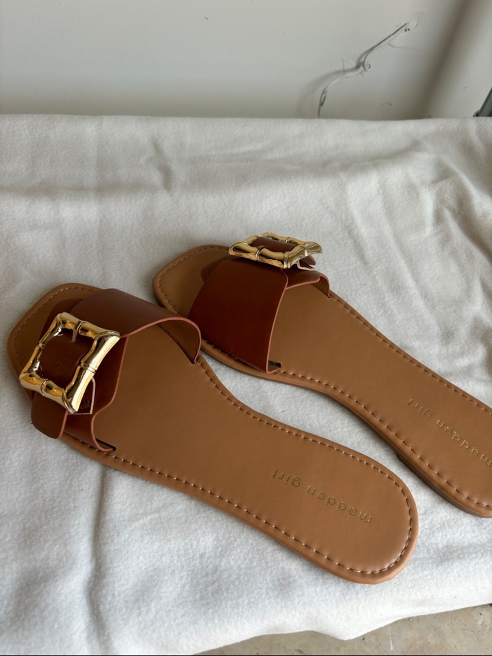 Madden Girl Tan Slide Sandals with Gold Buckle